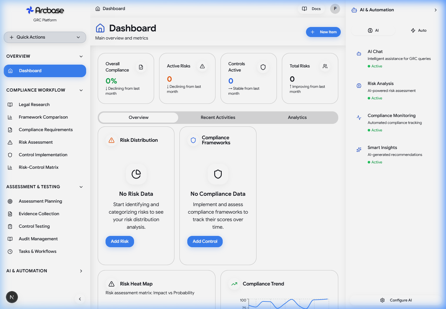 Arcbase GRC Dashboard — compliance score, risk matrix, and control status